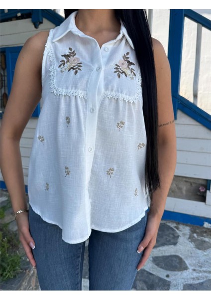 Ekru Nakışlı Koton Kolsuz Gömlek