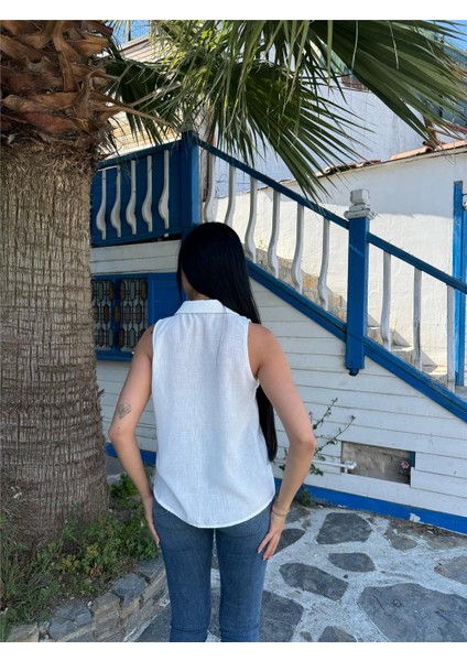 Ekru Nakışlı Koton Kolsuz Gömlek fiyatları