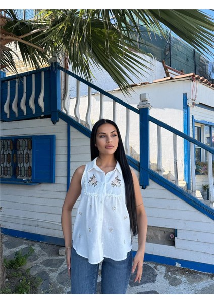 Ekru Nakışlı Koton Kolsuz Gömlek fırsatları