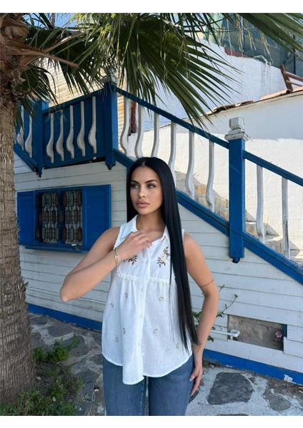 Ekru Nakışlı Koton Kolsuz Gömlek indirimleri