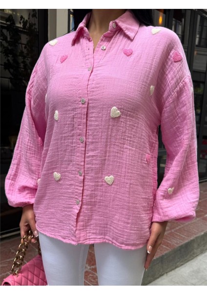 Pembe Müslin Nakışlı Viskon Gömlek