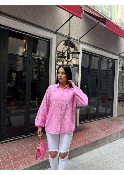 Pembe Müslin Nakışlı Viskon Gömlek fiyatları