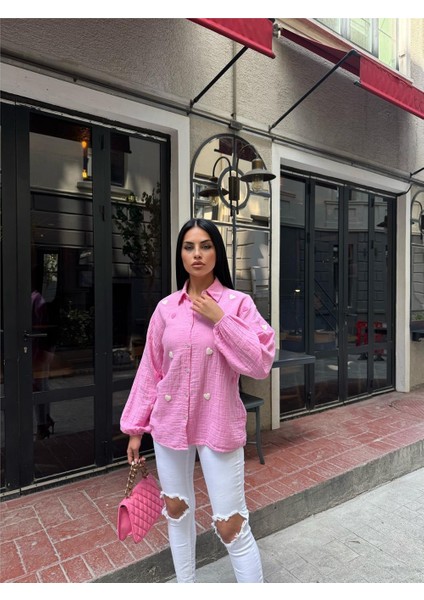 Pembe Müslin Nakışlı Viskon Gömlek fırsatları