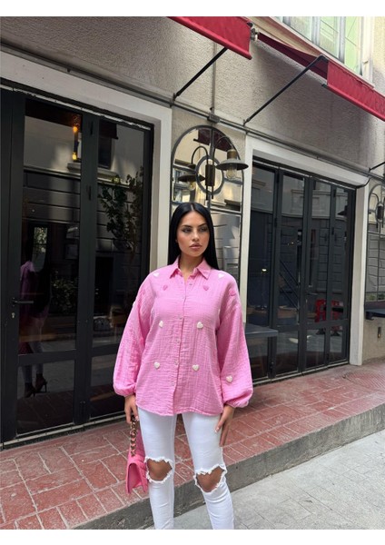 Pembe Müslin Nakışlı Viskon Gömlek indirimleri