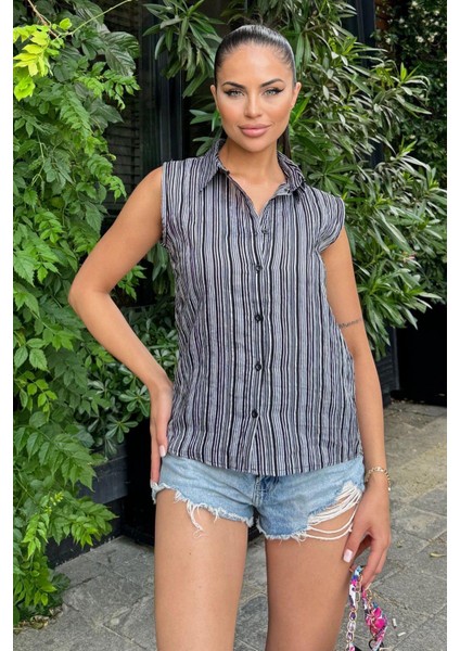 Kadın Siyah Çizgili Desen, Dokulu Bodrum Kumaş, Kolsuz Rahat Gömlek