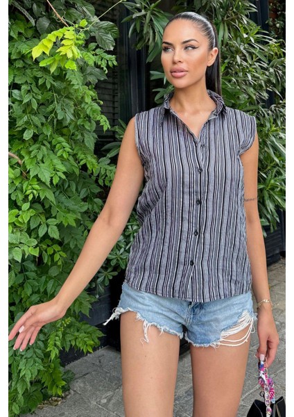 Kadın Siyah Çizgili Desen, Dokulu Bodrum Kumaş, Kolsuz Rahat Gömlek modelleri
