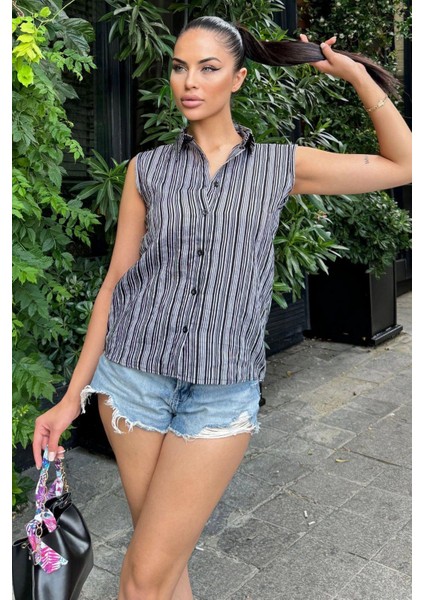 Kadın Siyah Çizgili Desen, Dokulu Bodrum Kumaş, Kolsuz Rahat Gömlek fırsatları