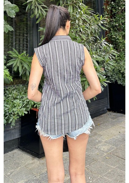 Kadın Siyah Çizgili Desen, Dokulu Bodrum Kumaş, Kolsuz Rahat Gömlek indirimleri