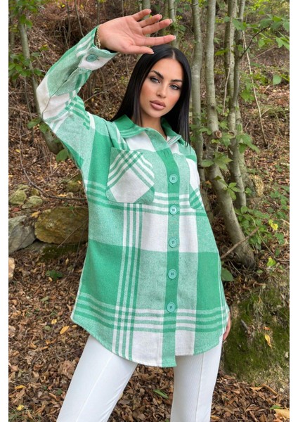 Yeşil Çift Cepli, Ekose Desenli, Rahat Kalıp, Salaş Kaşe Gömlek