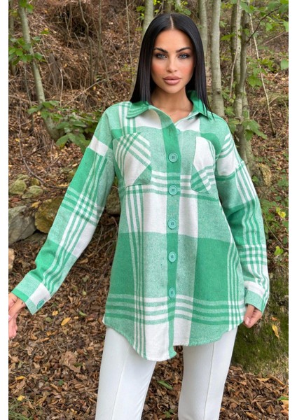Yeşil Çift Cepli, Ekose Desenli, Rahat Kalıp, Salaş Kaşe Gömlek fiyatları