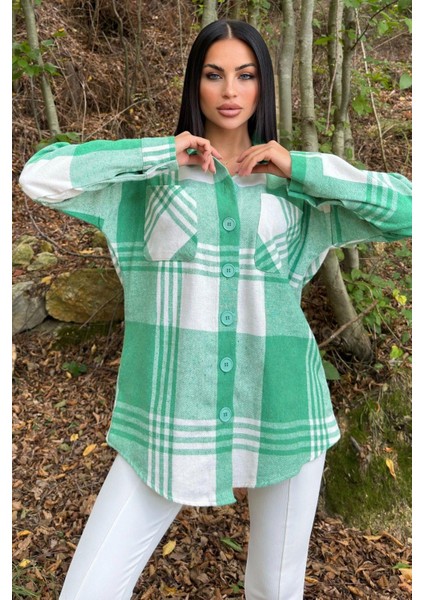 Yeşil Çift Cepli, Ekose Desenli, Rahat Kalıp, Salaş Kaşe Gömlek modelleri