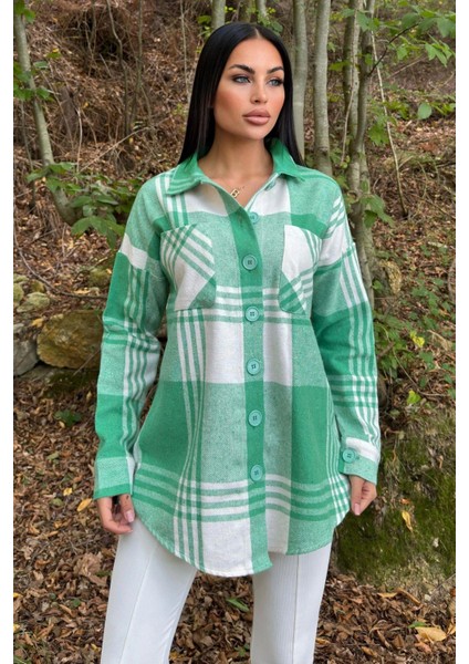 Yeşil Çift Cepli, Ekose Desenli, Rahat Kalıp, Salaş Kaşe Gömlek fırsatları