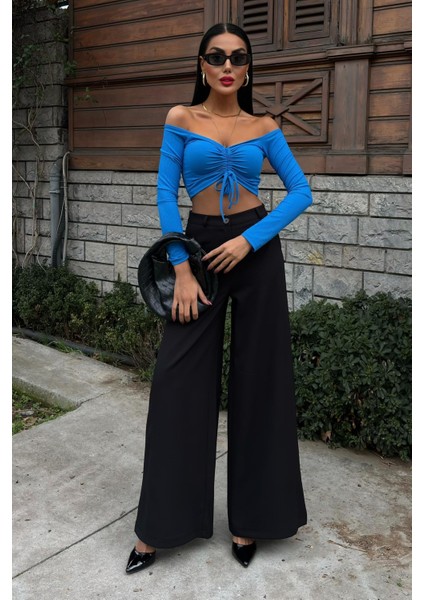 Kadın Siyah Dokuma Oversize Palazzo Pantolon