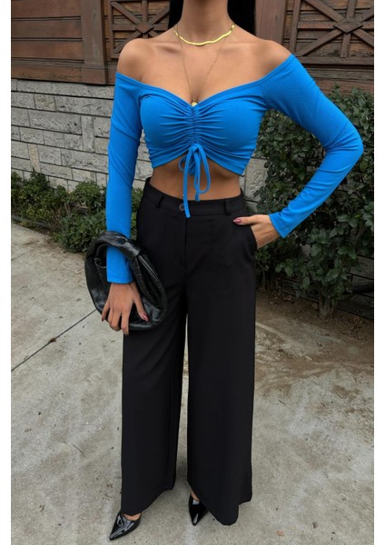 Kadın Siyah Dokuma Oversize Palazzo Pantolon indirimleri