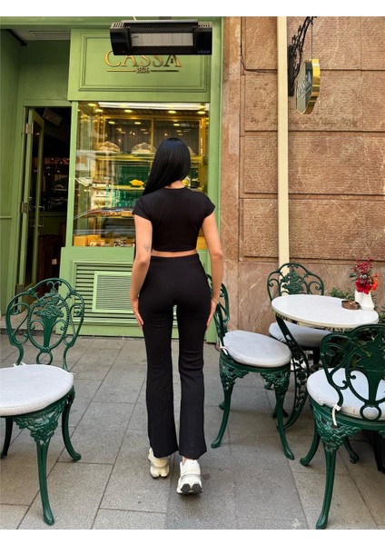 Siyah Polyamid Elastan Crop Iki Iplik Takım modelleri