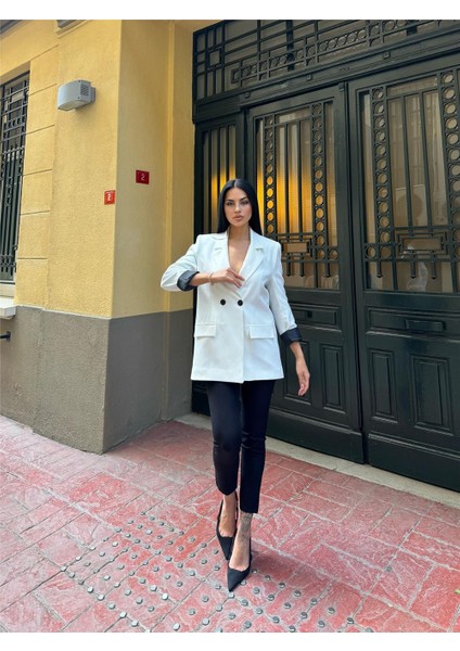 Beyaz Polyester Keten Düğmeli Ceket fırsatları