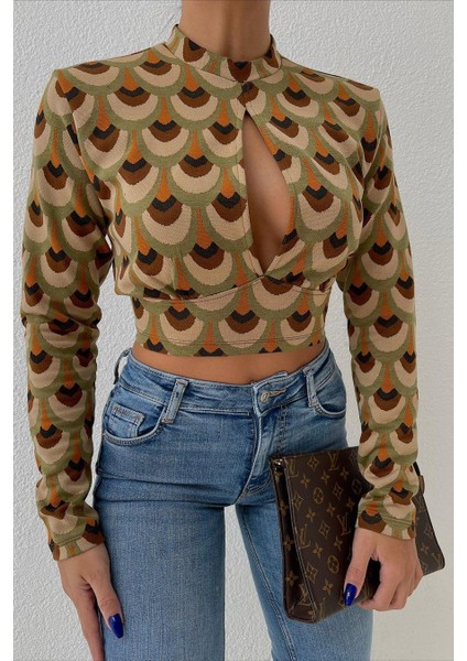 Kadın Yeşil Desenli Dokuma Crop Bluz