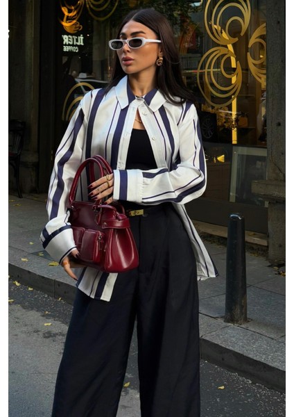 Kadın Lacivert Saten Çizgili Gömlek