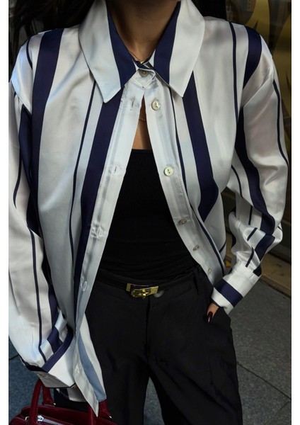 Kadın Lacivert Saten Çizgili Gömlek fiyatları