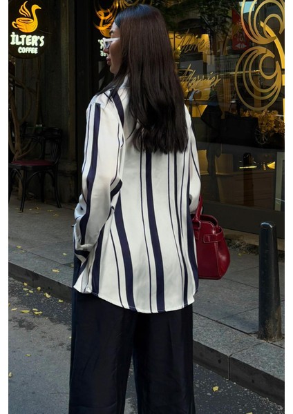 Kadın Lacivert Saten Çizgili Gömlek modelleri