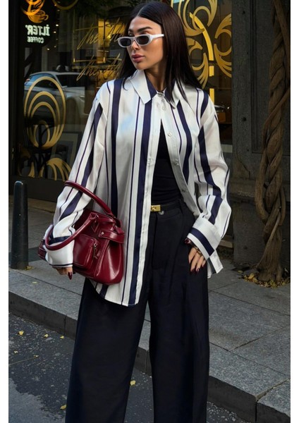 Kadın Lacivert Saten Çizgili Gömlek indirimleri