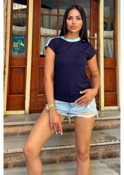 Kadın Laci Omuz ve Yaka Detaylı, Renk Bloklu Garnili Kısa Kol T-Shirt Bluz fırsatları