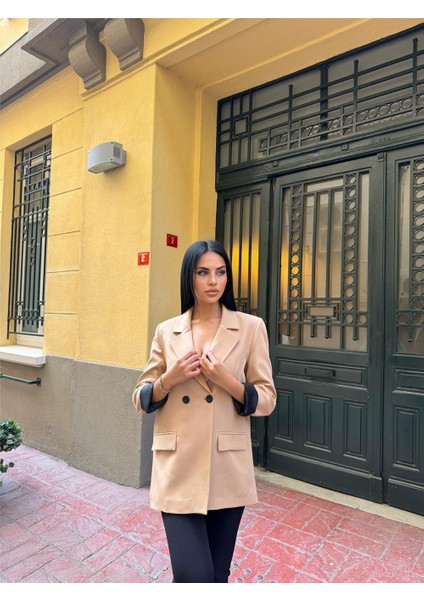 Bej Iki Düğmeli Polyester Keten Ceket indirimleri