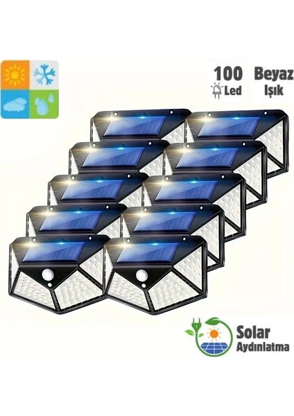 HB-100 Model 10'lu Paket 100 LED Solar Hareket Sensörlü Güneş Enerjili 3 Mod Solar Duvar Bahçe Karavan Kamp Lambası