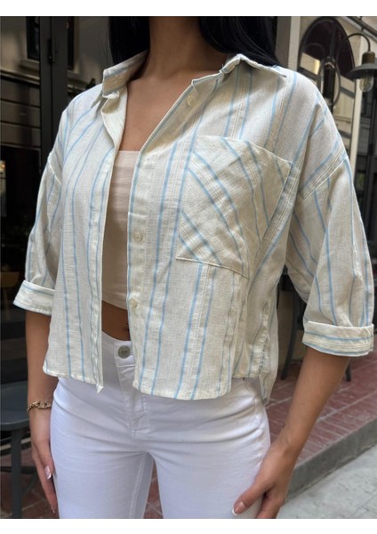 Mavi Çizgili Cepli Düğmeli Gömlek