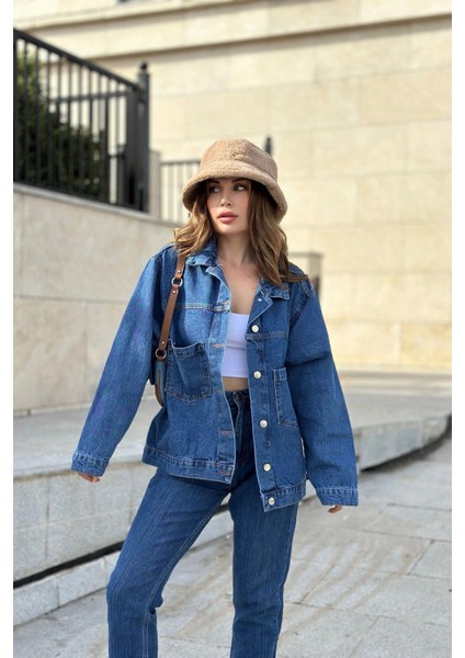 Kadın Mavi Geniş Cepli, Kaliteli Jeans Kumaş, Salaş Kot Ceket modelleri
