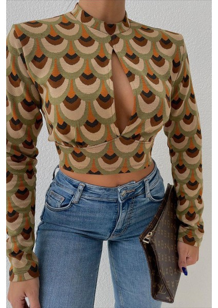 Kadın Yeşil Desenli Dokuma Crop Bluz modelleri
