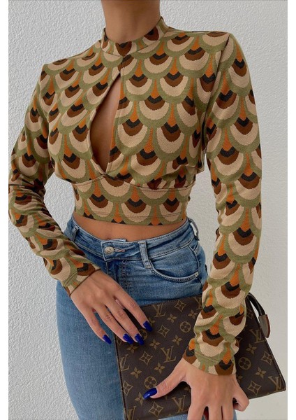 Kadın Yeşil Desenli Dokuma Crop Bluz fırsatları