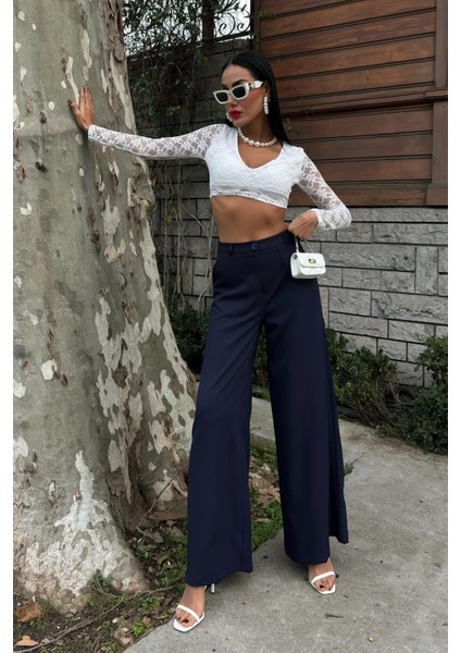 Kadın Lacivert Dokuma Oversize Bol Paça Palazzo Pantolon fiyatları