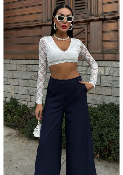 Kadın Lacivert Dokuma Oversize Bol Paça Palazzo Pantolon modelleri