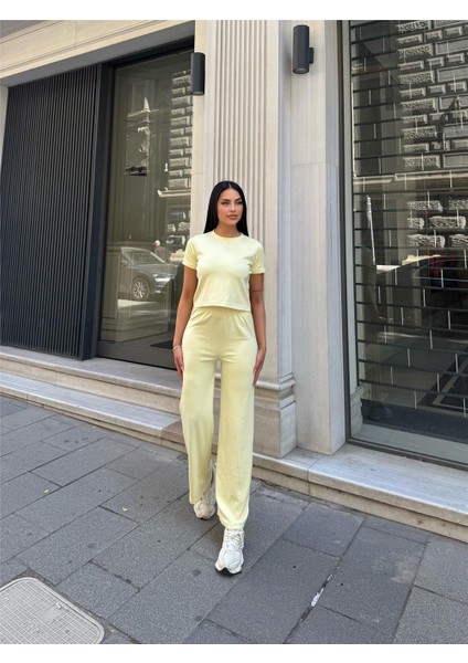 Sarı Modal Doku Elastan Palazzo Takım modelleri