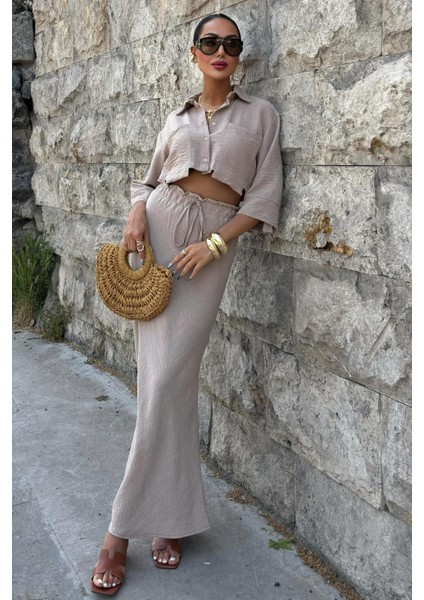 Kadın Vizon Keten Uzun Düz Ikili Takım