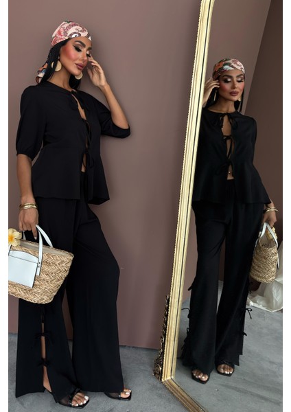 Kadın Siyah Dokuma Bisiklet Yaka Kısa Kol Takım