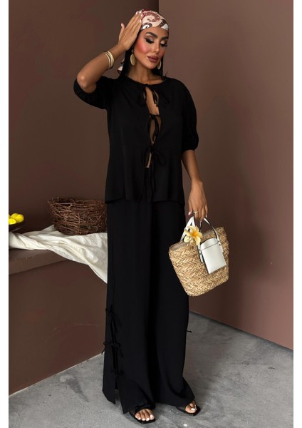 Kadın Siyah Dokuma Bisiklet Yaka Kısa Kol Takım modelleri