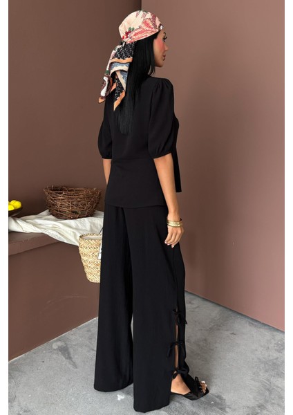 Kadın Siyah Dokuma Bisiklet Yaka Kısa Kol Takım fırsatları