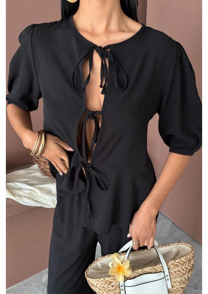 Kadın Siyah Dokuma Bisiklet Yaka Kısa Kol Takım indirimleri