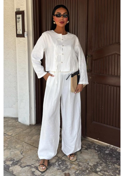 Kadın Beyaz Keten Oversize Uzun Ikili Takım