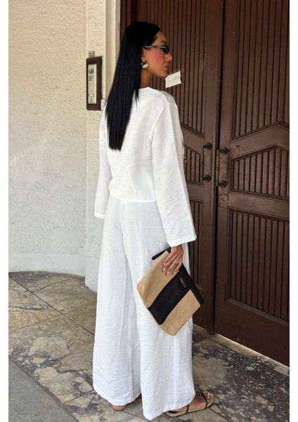 Kadın Beyaz Keten Oversize Uzun Ikili Takım fırsatları