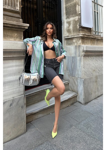 Kadın Yeşil Çizgili Dokuma Saten Kısa Gömlek modelleri