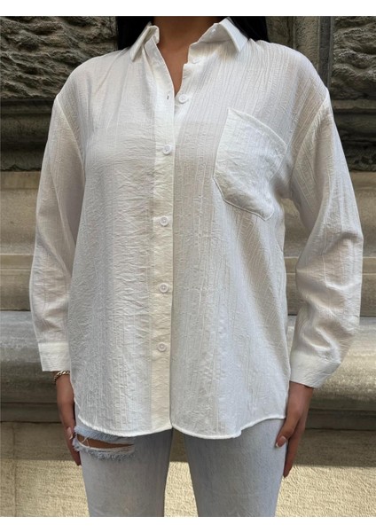 Beyaz Oversize Kırışık %100 Polyester Gömlek