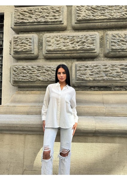 Beyaz Oversize Kırışık %100 Polyester Gömlek modelleri