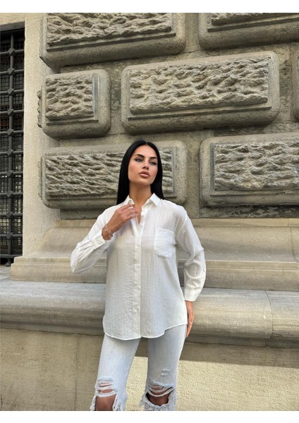 Beyaz Oversize Kırışık %100 Polyester Gömlek indirimleri