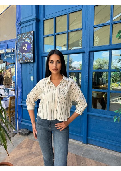 Yeşil Çizgili Pamuklu Cepli Gömlek indirimleri