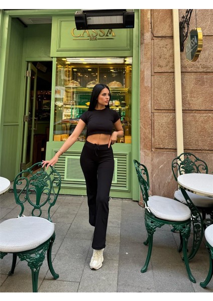 Siyah Polyamid Elastan Crop Iki Iplik Takım indirimleri