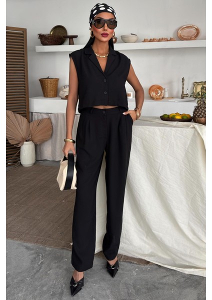 Kadın Siyah Kolsuz Dokuma Crop Takım