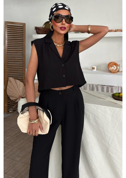 Kadın Siyah Kolsuz Dokuma Crop Takım fiyatları